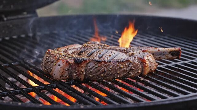 Beef steak cooking on grill with sparks flying and flames rising from beef rib at VSRExport in summer barbecue
