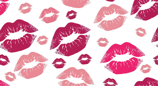 Vibrant pink and red lipstick kiss marks on white background, colorful makeup pattern