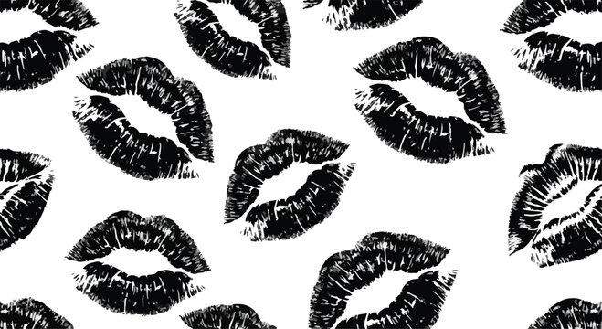 Black and white illustration of multiple pairs of lips on a white background