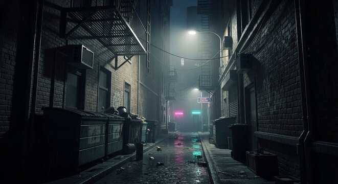 Dark alleyway scene illuminated