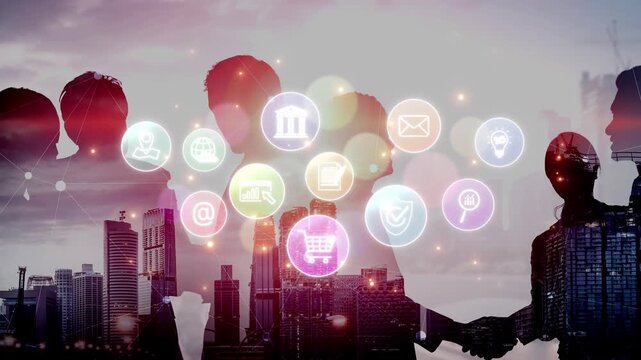 Set of business and digital service icons representing finance, cloud, analytics, email, communication, ecommerce, cybersecurity, and global connectivity in a modern ecosystem Marrow