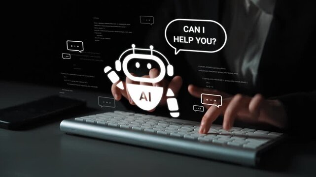 Futuristic chatbot interaction on a computer keyboard showcasing AI technology for customer support and online assistance in a dark workspace environment Gluon.