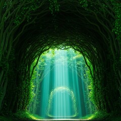 Fototapeta premium Mystical rays of light pierce through a lush green canopy of interlocking branches creating a serene natural tunnel over a hidden path, ethereal, outdoors, vegetation