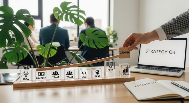 Business growth strategy milestone progression in modern office workspace