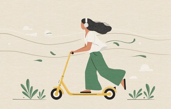 Woman riding a yellow scooter.
