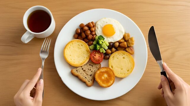 Person prepares to enjoy a delicious healthy breakfast meal consisting of fresh eggs vegetables and toasted bread served on a white plate with black tea