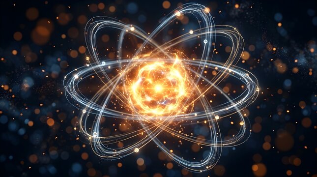 Glowing quantum atom structure with orbits and subatomic particles illuminating abstract dark space representing scientific energy research