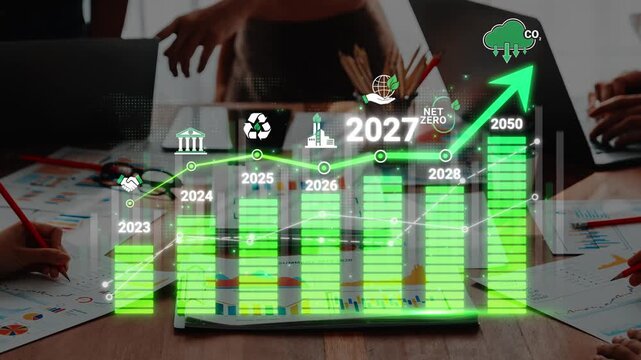 Business Growth Chart Displaying Sustainability Focus with Net Zero Goal for 2050 and Carbon Emission Reduction Strategy in a Modern Office Setting Sigmoid