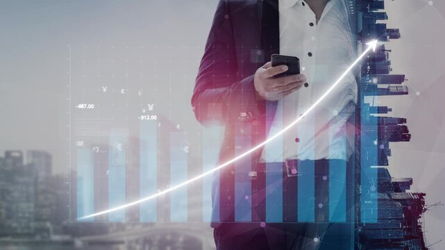 A business professional stands in an urban environment, using a smartphone while surrounded by digital financial data visualizations and a rising growth trend. Copula