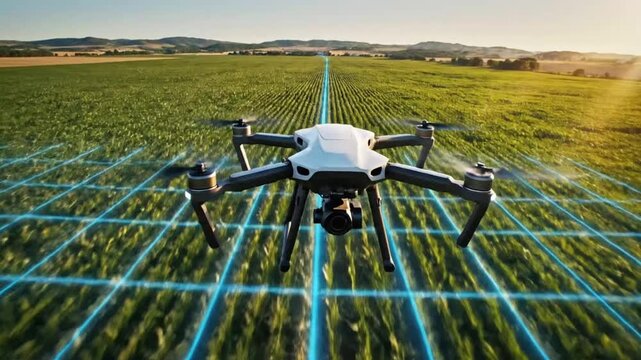 Flying smart agriculture drone shows crop monitoring in large field during sunset