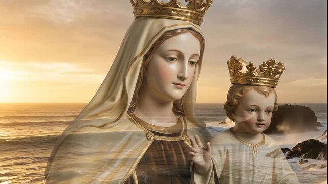  .Double exposure portrait of Our Lady of Mount Carmel holding Baby Jesus against a sunset ocean beach. Nossa Senhora do Carmo. Virgen del Carmen. Catholic religious concept.