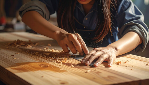 Femme travaillant le bois au ciseau et au soleil