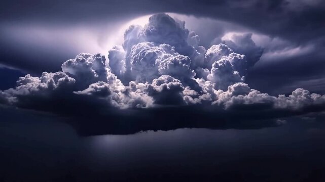 A dramatic dark cumulonimbus cloud formation, with a tall, towering center, illuminated by bright lights from above, and a large flash of lightning circling the cloud sky.