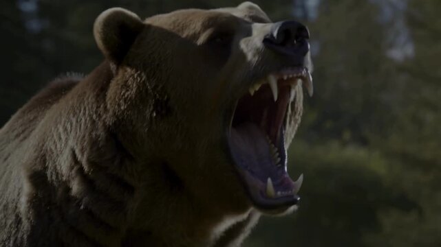 A large brown bear is caught in dramatic close-up, its mouth wide open with sharp fangs clearly visible as if it is roaring or growling.