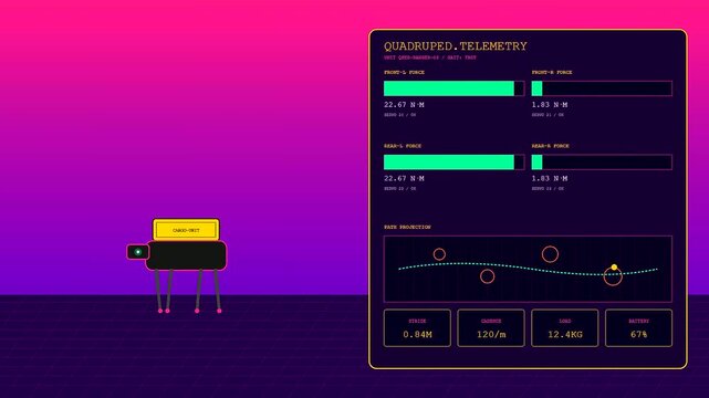 Autonomous delivery tracking interface displays real time force telemetry data and quadruped robot movement metrics across multiple animated digital panels against a vivid magenta gradient backdrop