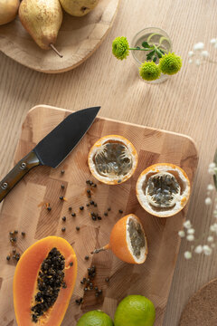op view of tropical fruit preparation scene