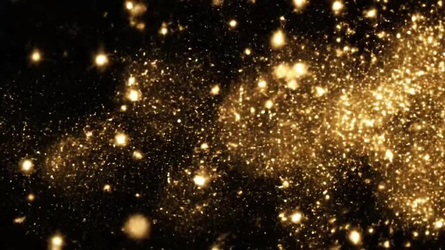 Golden glitter light tail shines in darkness, bright comet sparkle effects in night sky