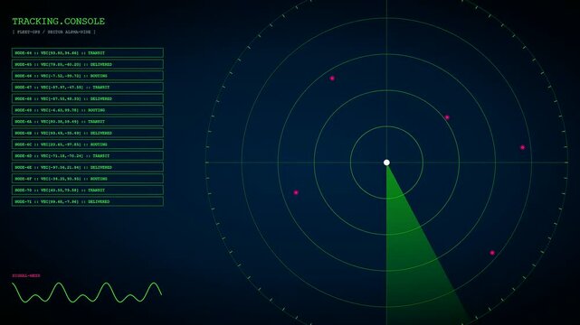 Autonomous delivery tracking interface displays circular radar scanners with sweeping green light beams and digital coordinate lists on a dark navy blue screen for logistical analysis