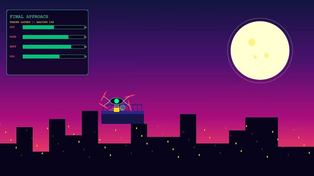 Autonomous delivery tracking monitors a flight path as a small drone approaches a rooftop target during a colorful sunset against a full moon light