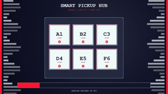 A digital autonomous delivery tracking interface displays multiple storage lockers on a dark monitor screen while loading bars pulse rhythmically during a secure retrieval process