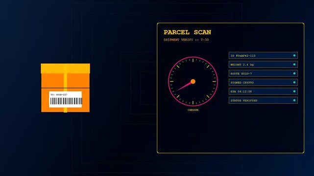 Autonomous delivery tracking dashboard screen showing a modular shipping package status updates changing across a deep blue digital interface with animated gauges and rotating icons