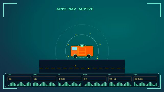 Autonomous delivery tracking interface displays a digital van icon traversing a road grid with flickering data status bars across a dark teal field for navigation monitoring