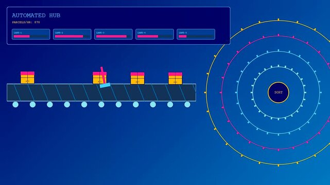 Autonomous delivery tracking interface displays digital packages moving along a sorting conveyor belt with blue monitor graphics showing live metrics in this modern shipping warehouse system