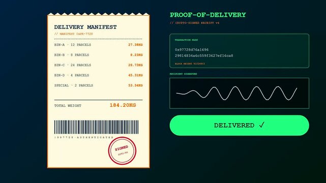 Autonomous delivery tracking is visualized through this digital interface showing a manifest document changing status from awaiting signature to a verified electronic proof of delivery