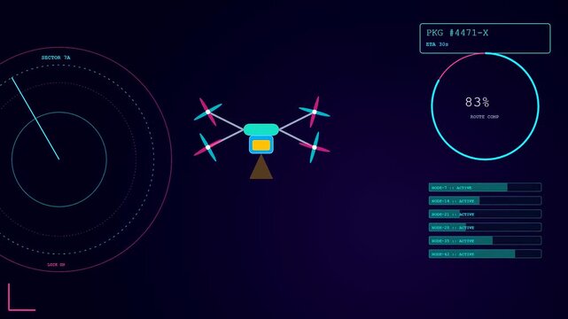 Autonomous delivery tracking display shows a robotic flight path as a quadcopter drone advances toward its target destination while processing telemetry data across multiple digital navigation screens