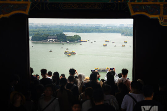 Crowd of tourists overlooking Kunming Lake in Beijing
