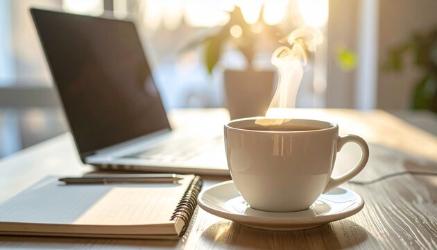 A steaming cup of coffee beside a laptop and notebook, aesthetic modern workspace, morning sunlight, productive ambiance
