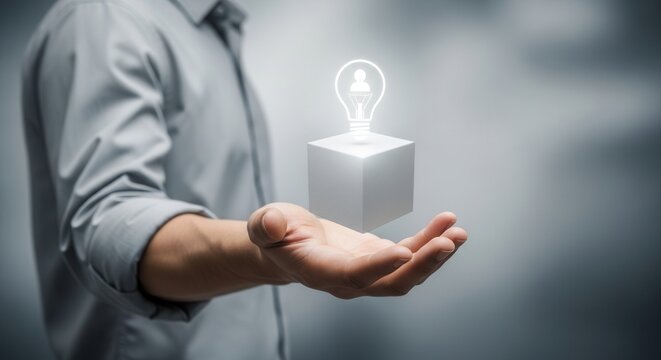 Hand holding glowing cube with lightbulb icon symbolizing innovation, creativity, business idea generation