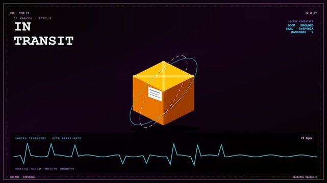 Autonomous delivery tracking visual interface displays a cargo cube orbiting digital rings while a scrolling heart rate monitor pulse line indicates ongoing logistics network monitoring status