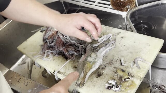 Chef preparing fresh squid at a Japanese izakaya