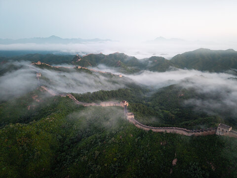 Aerial view of the Great Wall of China disappearing into the mist