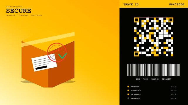A digital autonomous delivery tracking system displays shipping status updates on a package with quick response codes and linear barcodes on a vibrant yellow gradient backdrop