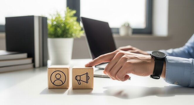 Hand selecting user icon and megaphone block in modern office workspace decision making