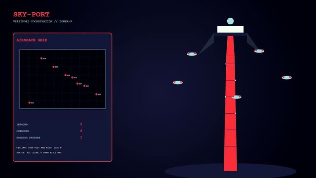 An autonomous delivery tracking sequence featuring digital flight path monitoring consoles with animated flight trajectory grids and vehicle icons displayed on a dark virtual interface screen display