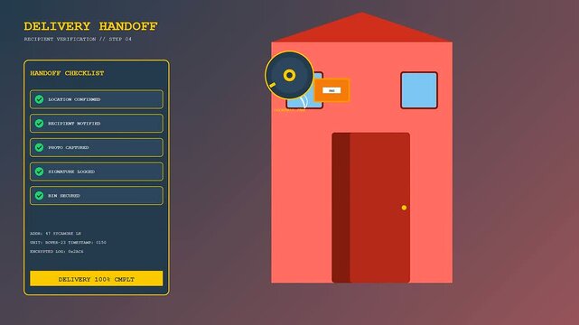 Autonomous delivery tracking is visualized as a digital checklist on a smart mobile interface showing the successful progress of an automated parcel drop off process