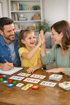 Happy family playing math game with colorful cards. Parents high-fiving daughter during learning activity. Warm home environment with bookshelf and plants in background