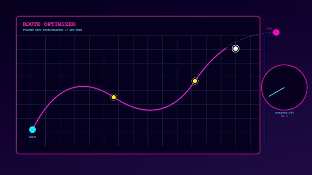Autonomous delivery tracking interface showing graphical path plotting with dynamic points connected by neon curves on a deep purple grid display for logistics route management monitoring