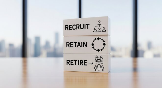 Human Resources Talent Management Stages: Recruit Retain Retire Process Concept