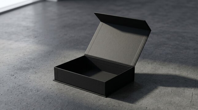 Open empty black cardboard box mockup on concrete floor background packaging presentation