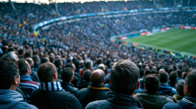 A panoramic view of a packed stadium crowd thousands of passionate soccer fans closely packed their energy and team spirit palpable from behind.
