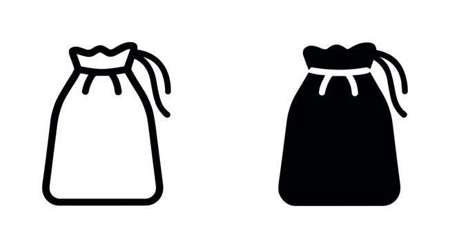 Set of two drawstring bag icons: solid black and outline