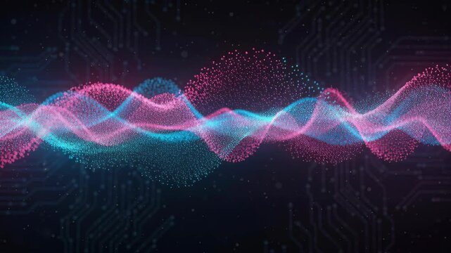 Abstract Sound Waveform: A vibrant digital visualization of sound waves, depicted as flowing particles in pink and turquoise, set against a dark background with subtle circuit board patterns.
