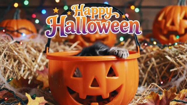 Cute tabby kitten hides in orange pumpkin during Halloween celebration at home in autumn