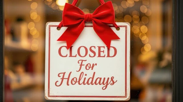 Closed For Holidays Sign: A festive sign, adorned with a bright red bow, hangs on a shop window, announcing Closed For Holidays with elegant script, hinting at festive cheer and seasonal breaks.