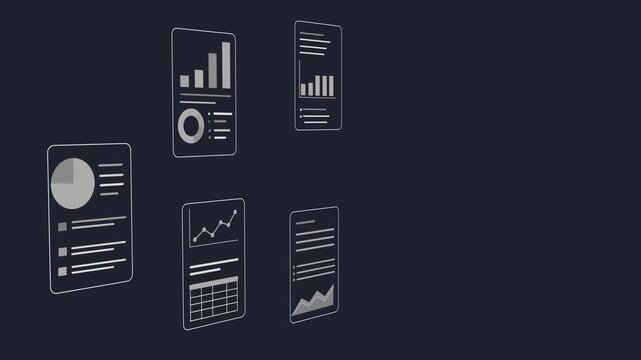 Floating Business Analytics Documents Data Visualization Reports. Animation  with charts, graphs, tables, and statistics elements on a dark blue background.  3D perspective 