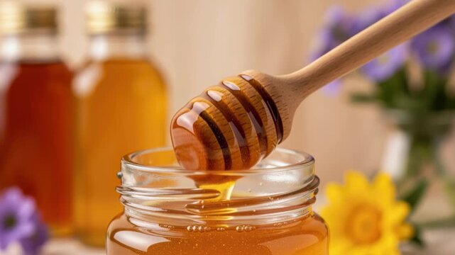 Golden Nectar Drizzle: A wooden dipper scooping rich, golden honey from a glass jar, with blurred bottles and wildflowers in the background, evoking sweetness and natural abundance.